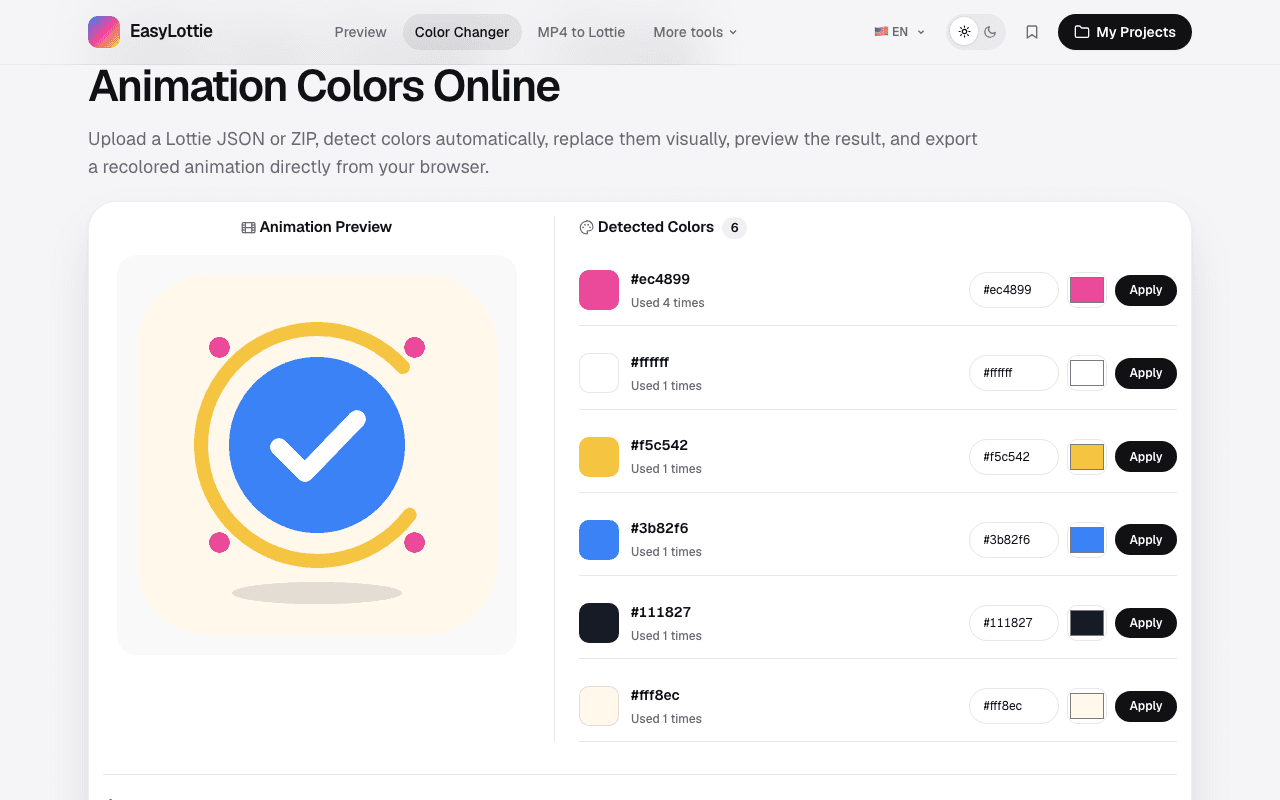 EasyLottie Color Changer after uploading brand-badge.json: a blue check badge with a yellow ring and pink sparkles, with six detected colors listed