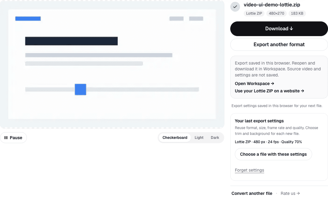 Finished Lottie ZIP preview converted from the GIF, with its size and download button