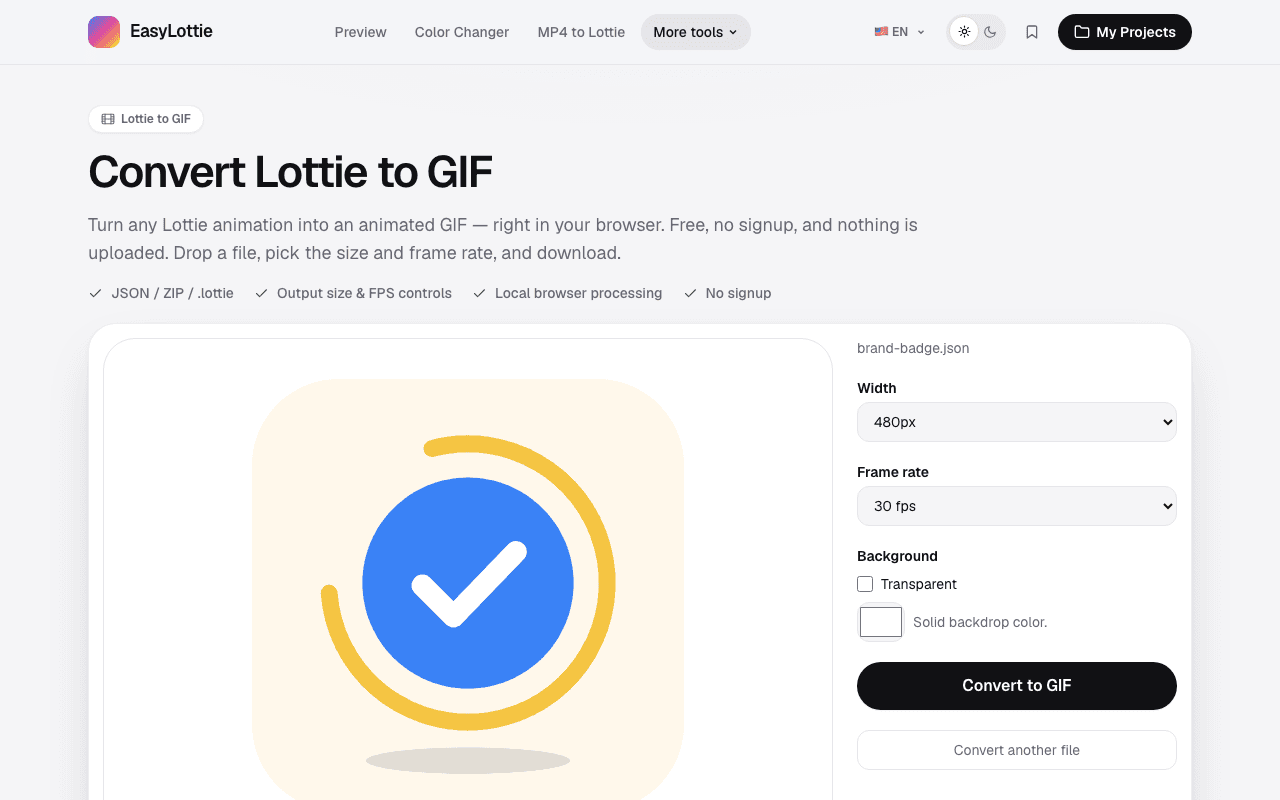 EasyLottie Lottie to GIF converter with the brand badge loaded, showing width, frame rate, and background options