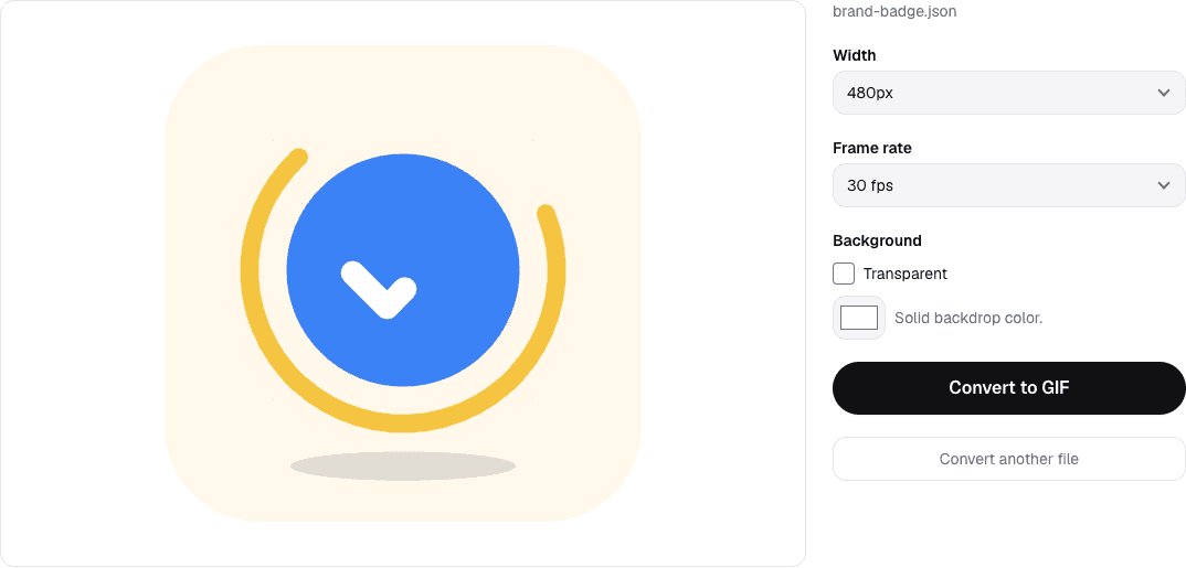 Lottie to GIF tool with a vector brand badge loaded and the default 480 px, 30 fps settings