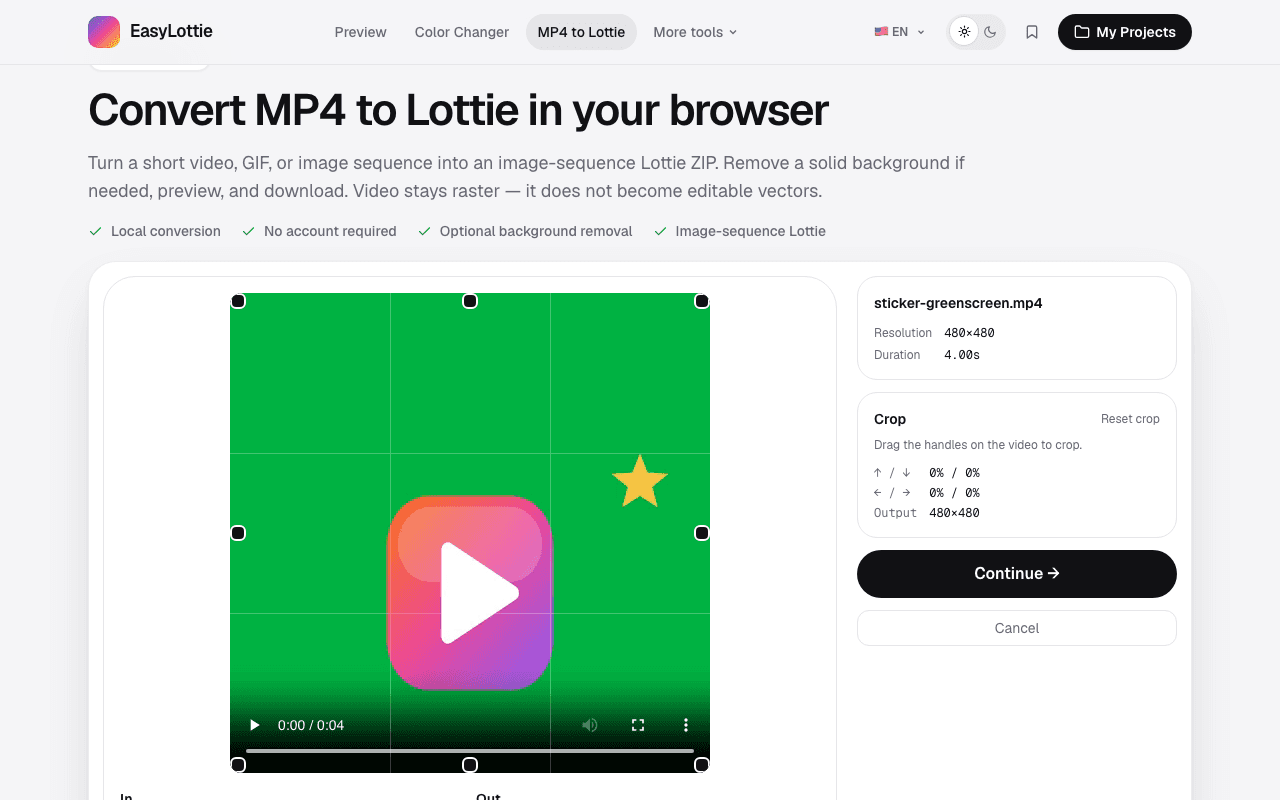 EasyLottie MP4 to Lottie converter after loading a green-screen clip of a bouncing gradient app icon, with crop handles and the Continue button