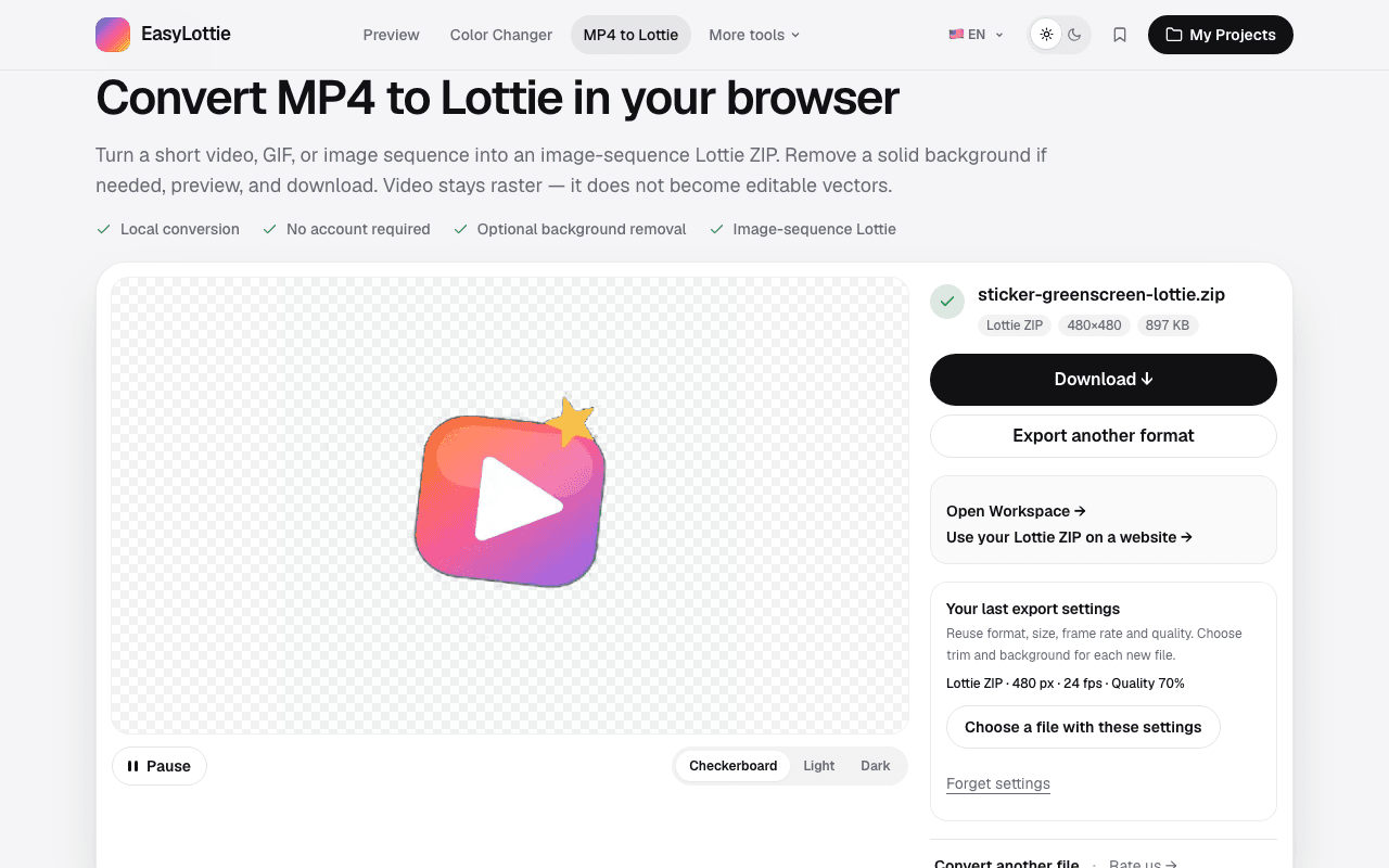 The finished Lottie ZIP playing on a transparent checkerboard, labeled 480 by 480 and 897 KB, with Download and Export another format buttons
