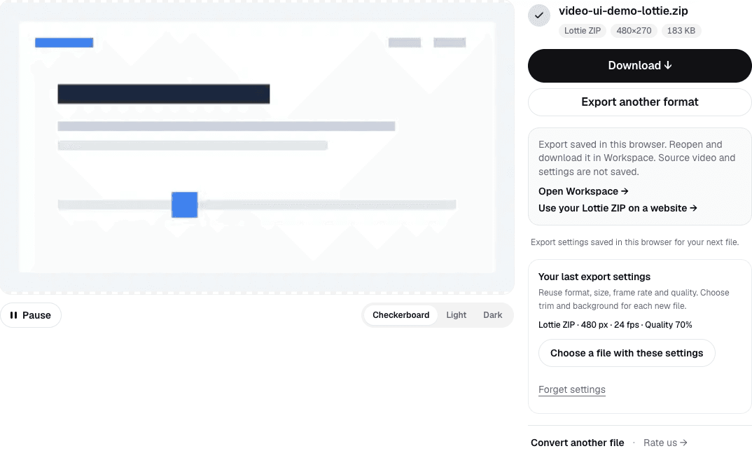 Finished Lottie ZIP preview of the UI recording with its size and download button