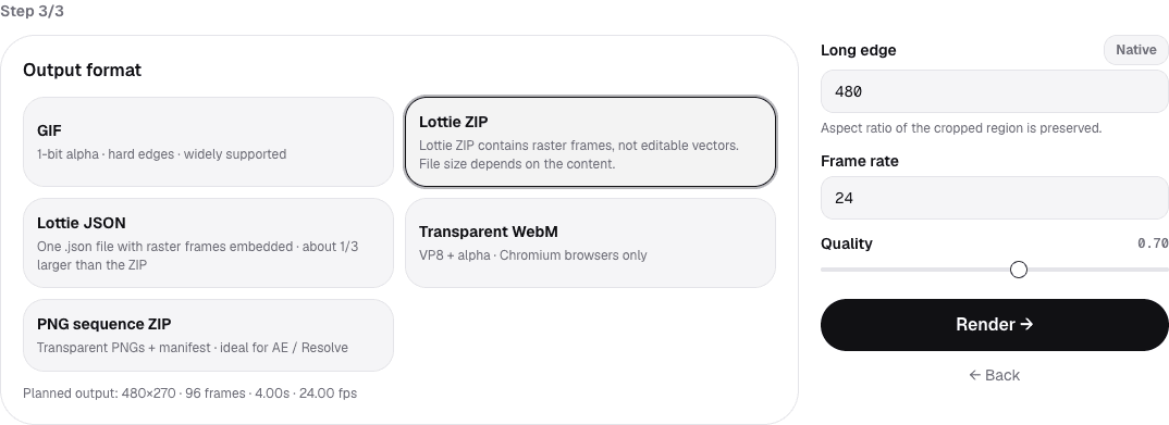Video to Lottie step 3 with Lottie ZIP selected, a 480 px long edge and 24 fps for a four-second UI recording