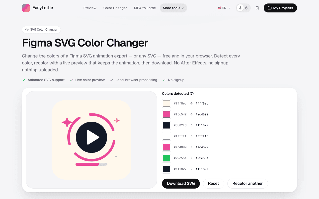 The same SVG badge recolored, with the play button changed to near-black and the orbit ring changed to pink