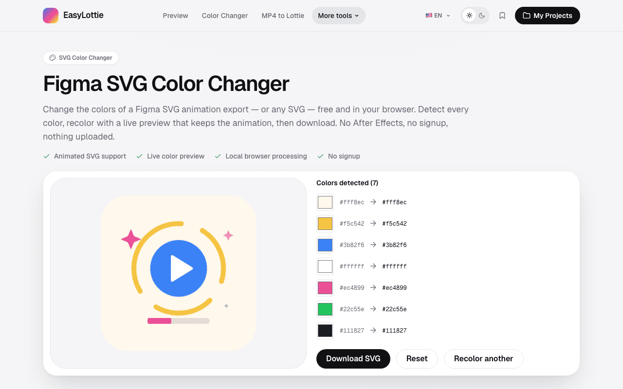 EasyLottie SVG Color Changer after loading an animated play badge with a spinning yellow orbit, blue play button, and pink sparkles, listing seven detected colors